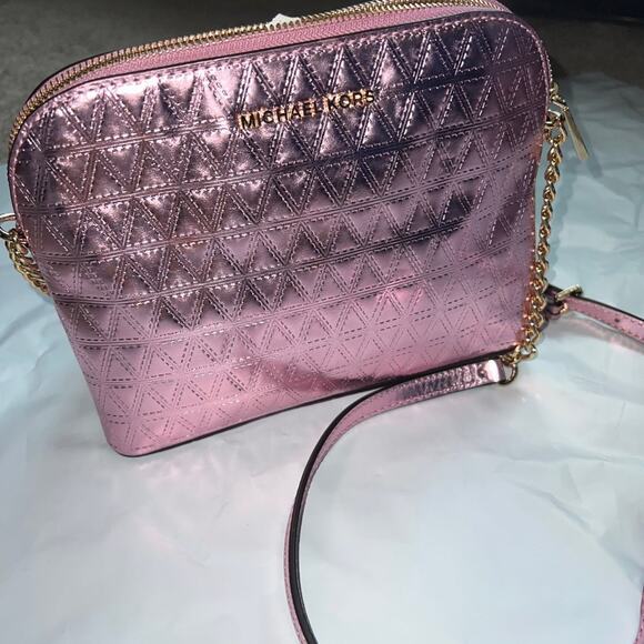 New Michael Kors metallic dome crossbody leather soft pink embossed $188 bag - Picture 9 of 9